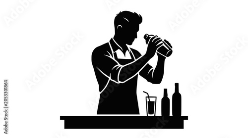 Bartender shaking cocktail drink silhouette on black.
