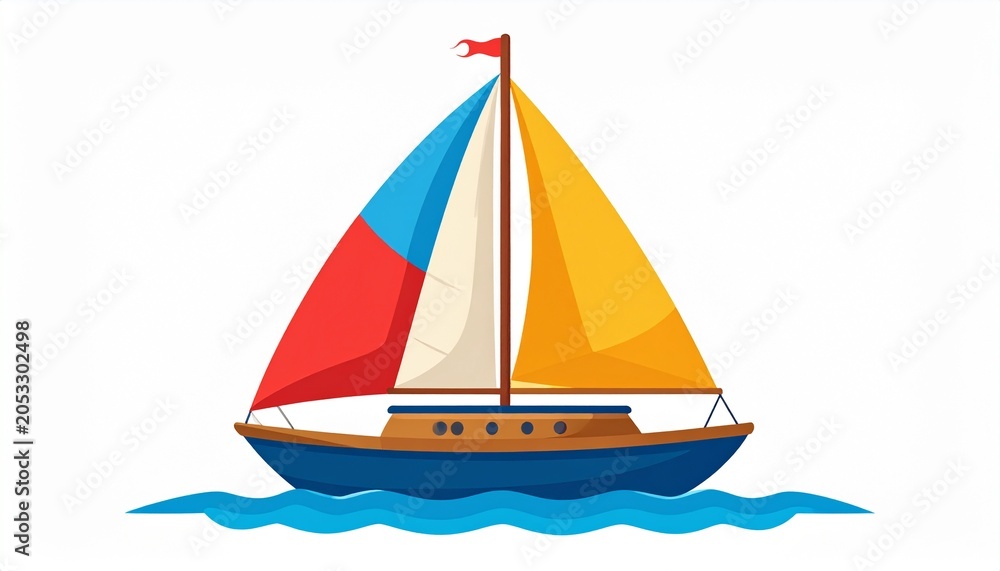 Fototapeta premium A colorful sailboat sails across calm waters with vibrant sails