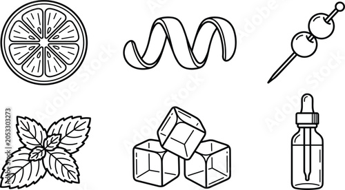 Obraz na plátne Cocktail Ingredients and Beverage Garnishes Line Art Icon Set featuring Citrus S