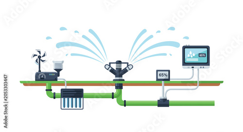 An automated irrigation system with a central sprinkler spraying water over a soil cross section displayed on a clean white background with soft blue tones.