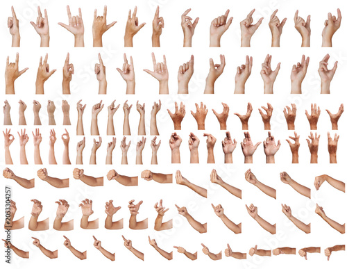 Group of Male asian worker hand gestures isolated over the white background.