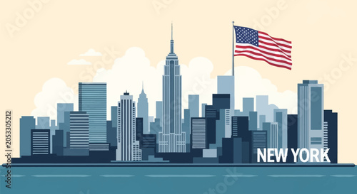 Flat vector illustration of the New York City skyline featuring the Empire State Building and skyscrapers with a waving American flag and text NEW YORK against a cloudy morning sky.