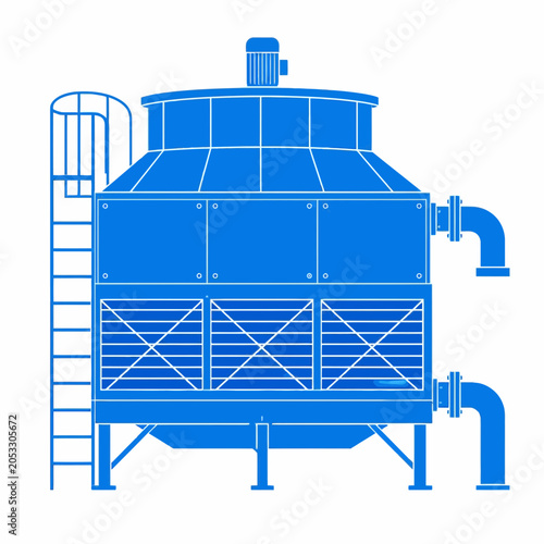 Photos Blue industrial cooling tower with external piping system.