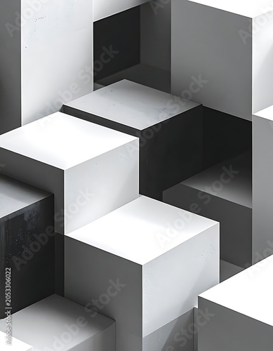 A 3D geometric composition of intersecting white and gray cubes