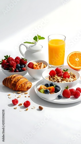 A delicious breakfast spread with pastries, fruits, and juice