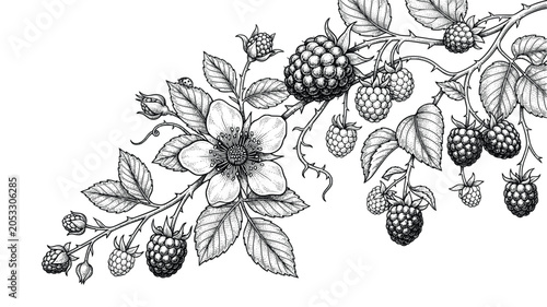Foto Vintage blackberry branch illustration, hand drawn botanical sketch of wild berr