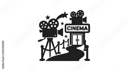 Obraz na płótnie Cinema building and movie camera silhouette icon set.