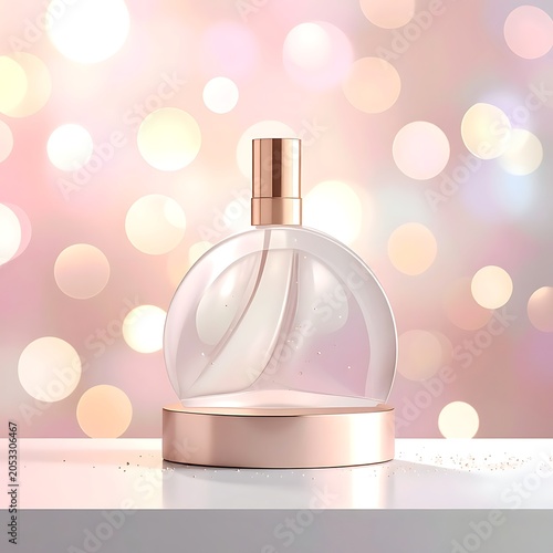 A luxurious perfume bottle on a white surface with a bokeh background