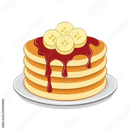 Stack of pancakes with banana slices and syrup on a plate