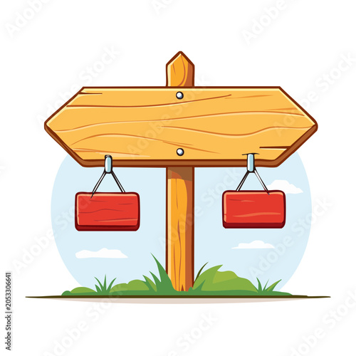 Wooden signpost with two red hanging signs and grass
