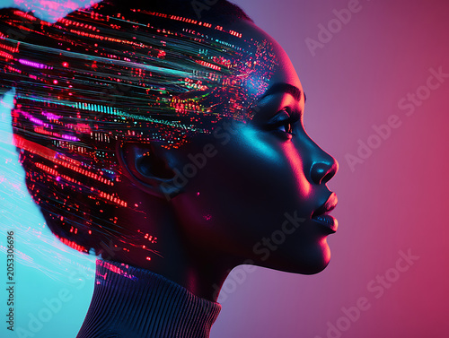 Side profile portrait of woman with dark skin in vibrant neon light abstract background