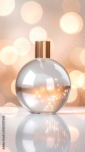 A spherical glass perfume bottle on a reflective surface with bokeh lights