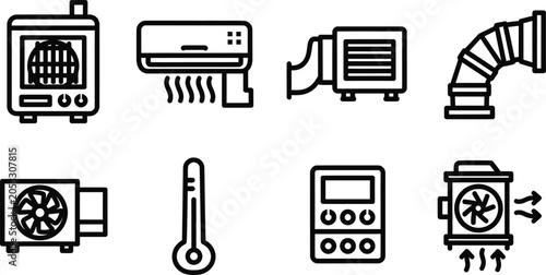 HVAC and climate control line icon set for building services