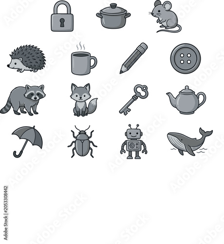 Photography Cute monochrome object icon set featuring wild animals home kitchen items school