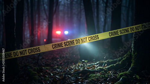 Bright police tape stretches across a mysterious, foggy woodland setting with emergency vehicle lights in the background 