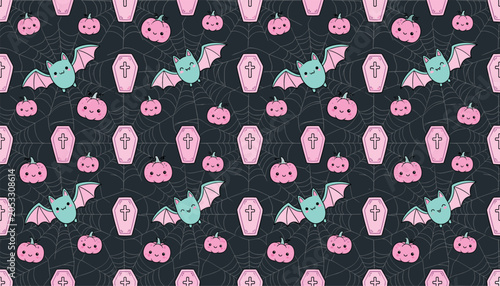 фотографія Cute pastel goth Halloween seamless pattern vector illustration featuring funny