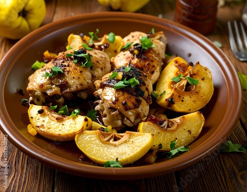 Roasted chicken drumsticks and halved golden fruit, artfully arranged on a rustic brown plate. Hints of herbs provide color