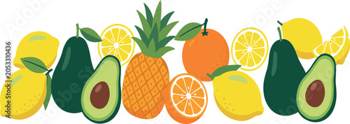 Fotografija Fresh tropical fruit border vector illustration featuring wholesome lemons green