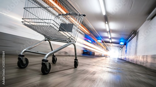 Shopping cart moving fast in a tunnel with motion blur