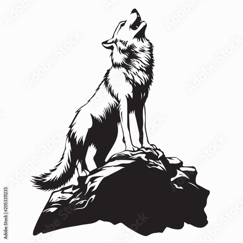 Foto Howling Wolf Perched on Rocky Cliff Vector Image Isolated On White Background