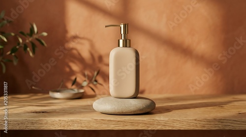 Minimalist Beige Soap Dispenser with Gold Pump on Stone, Wooden Surface, and Warm Terracotta Wall with Sunlight and Plant Shadows