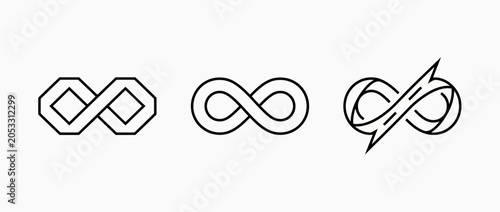 Three infinity symbol variations including geometric abstract and stylized lightning bolt design