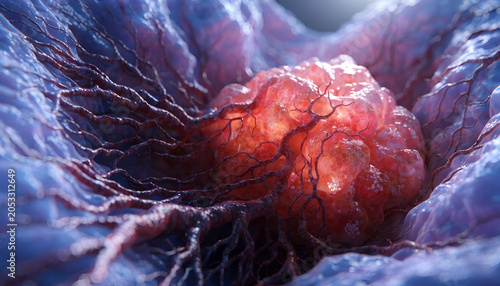 3D Anatomy Illustration of Cancer Tumor Growth with Blood Vessel Network