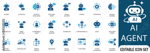 Tableau sur toile AI agent and artificial intelligence chatbot icon set