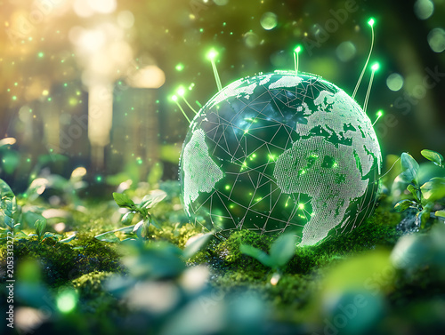 Ultra-detailed close-up of dew-covered metallic sphere in lush green forest with sunlight rays
