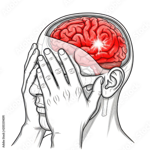 Person holding head with painful brain illustration