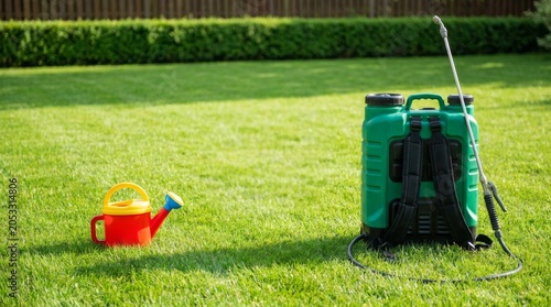 Garden care equipment with a plastic watering can and a green backpack sprayer on a green lawn.