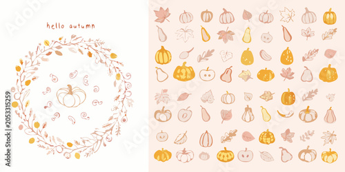 Foto Autumn pumpkins leaves and gourds vector illustration with a peach colored backg