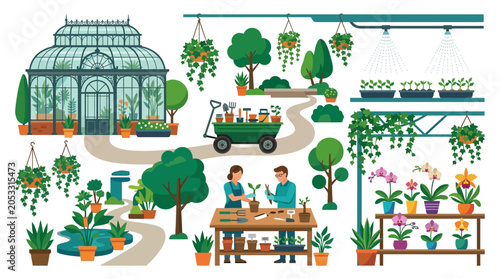 Botanical Garden Plant Propagation Eco Vector Bundle featuring Glasshouse Pavilion and Utility Cart Icons Designed for Blank Textless Branding