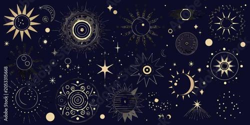 Foto Celestial Symbols And Stars Detailed Vector Illustration On Dark Background
