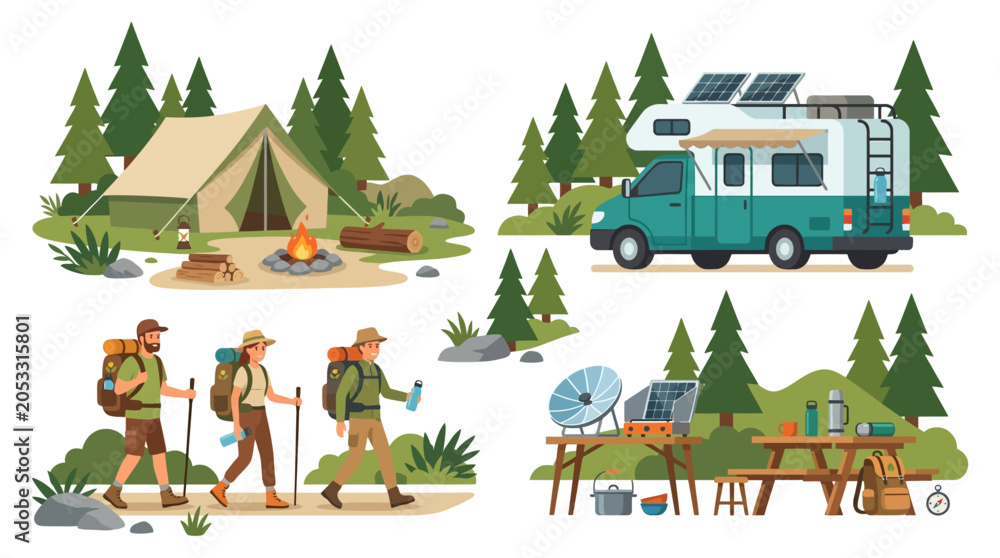Naklejka premium Eco Camping Sustainable Wilderness Vector Bundle featuring Camper Van and Solar Cooker Icons Designed for Customizable Textless Adventure Branding