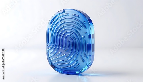 A futuristic blue fingerprint made of glass stands on a white surface in a clean room with technology and security elements.