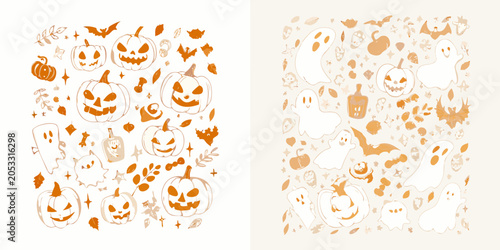 Bild auf Leinwand Halloween Jack o lanterns And Ghosts Pattern Orange And White Tones