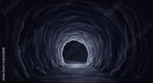 Stylized vector illustration of a dark underground cave tunnel with jagged rock walls and a floor leading into a deep cavern illuminated by a faint light source from inside.