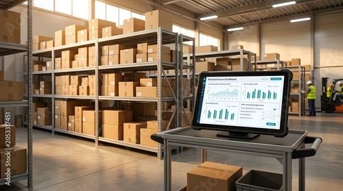 Digital demand forecast dashboard on mobile tablet screen displayed on rolling cart in large warehouse with stacked cardboard boxes and forklift vehicle in background during bright working day shift.