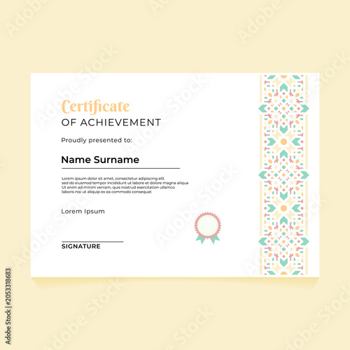 Certificate of achievement template with Islamic geometric tape pattern on right side