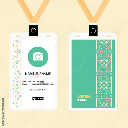 Modern teal ID card template with Islamic geometric tape mosaic pattern