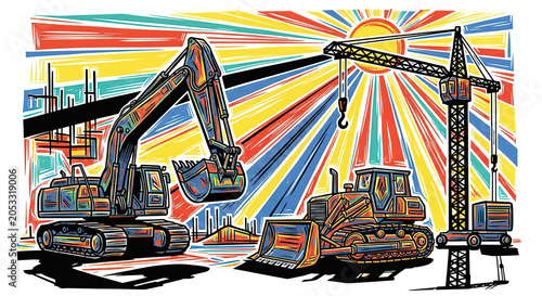 Excavator with Bulldozer and Crane Under Construction in Colorful Style