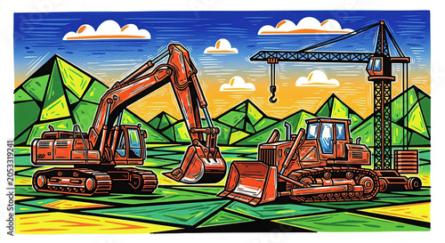 Excavator and Bulldozer Construction Site Artwork