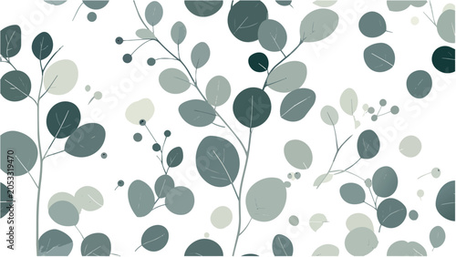 Fresh eucalyptus and round leaf seamless pattern with soft green botanical sprigs on white background, minimal and elegant design for wedding stationery, textile, and home decor.