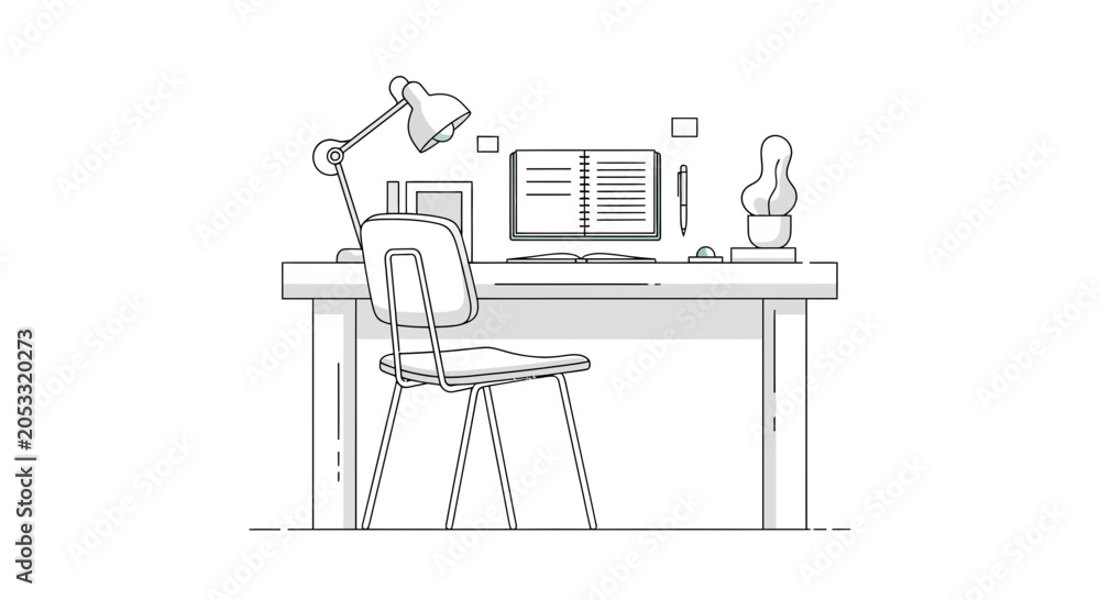 Fototapeta premium Minimalist desk setup with lamp, notebook, and chair, clean line art illustration