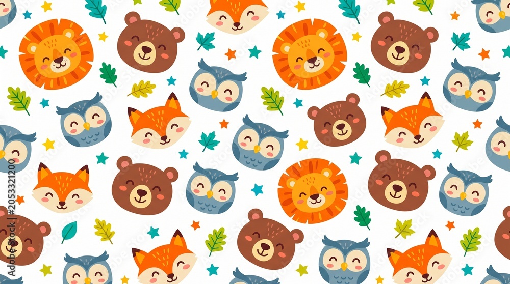 Fototapeta premium Cute cartoon woodland animal faces childish seamless pattern