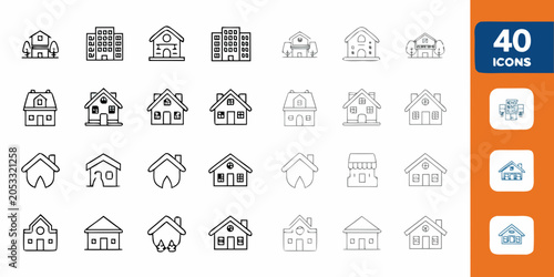 Photos Residential house icons black line art on a white background