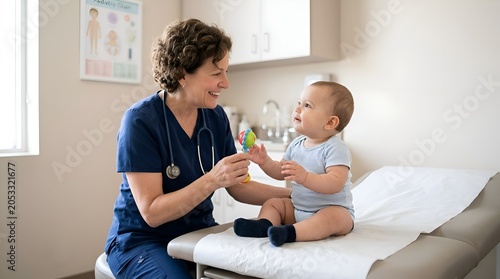 Pediatrician doctor plays with infant patient at a medical clinic