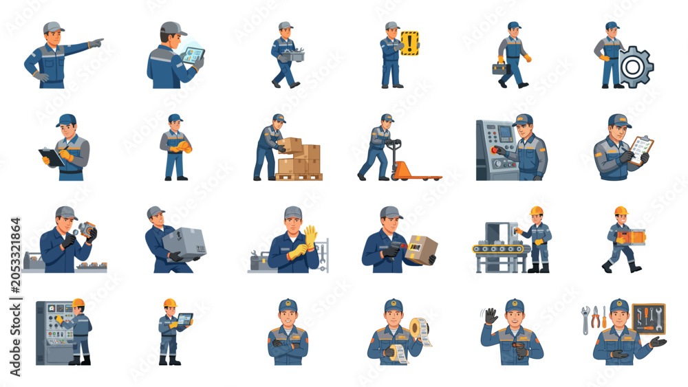 Fototapeta premium Industrial Worker Actions and Equipment in a Set of Illustrations