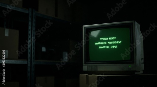 Retro Computer Monitor Displaying Text in Dark Room.